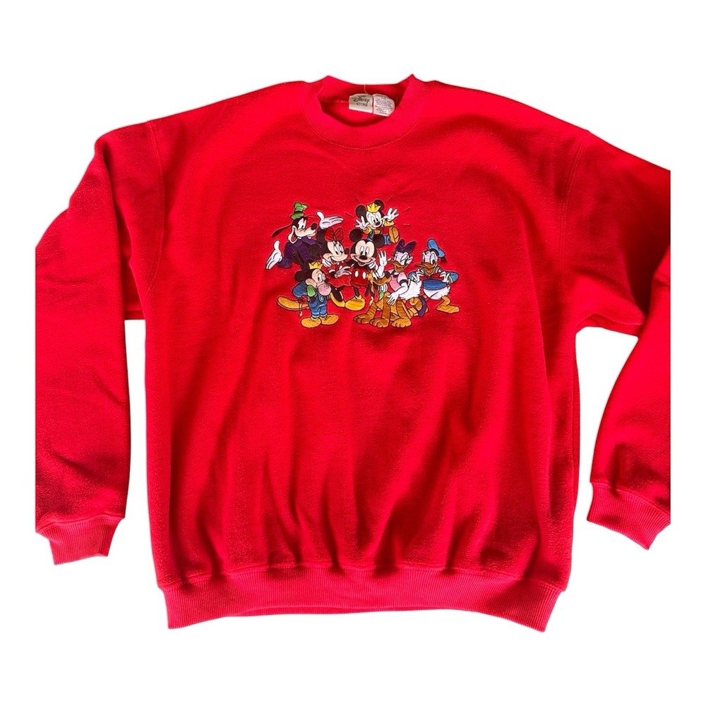 Vintage Disney Store Mickey Mouse Friends Embroidered Red Sweatshirt XL 90s
